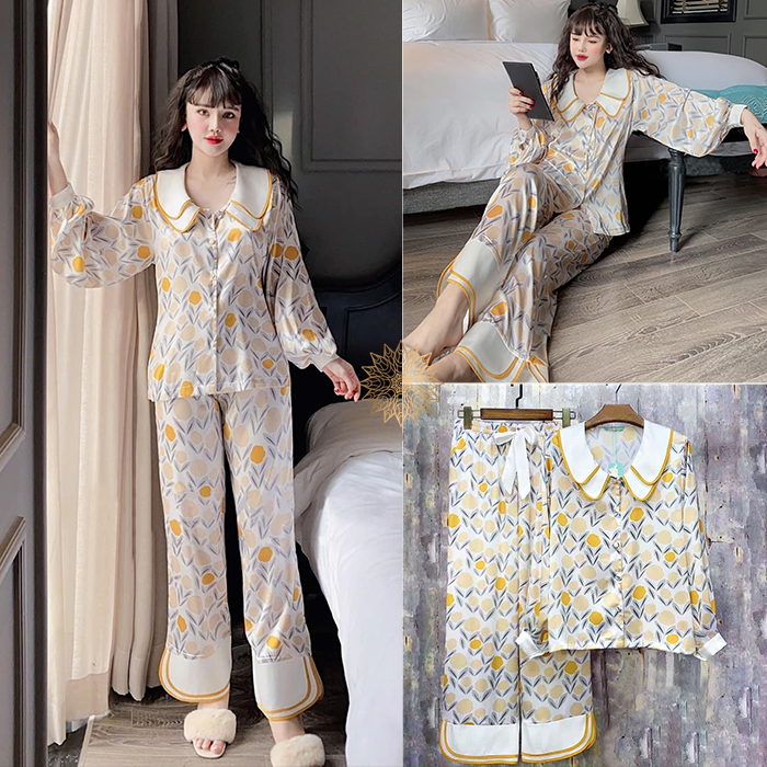 【LỤA】SET Đồ Ngủ Pijama Lụa Cao Cấp Hoa Vàng, Quần dài (Dài Tay), Size S,M,L (40-64kg)