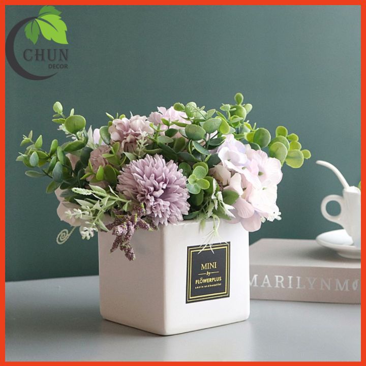 Hoa giả, chậu hoa tú cầu mix để bàn trang trí