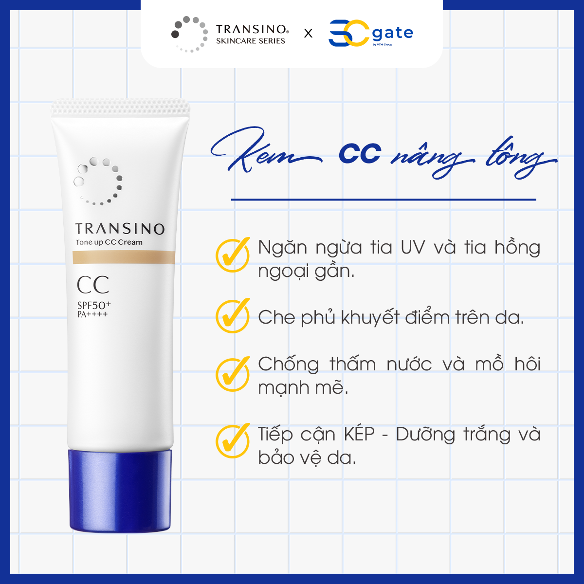 Combo 2 Kem CC Trang Điểm Trắng Sáng Da TRANSINO 30g