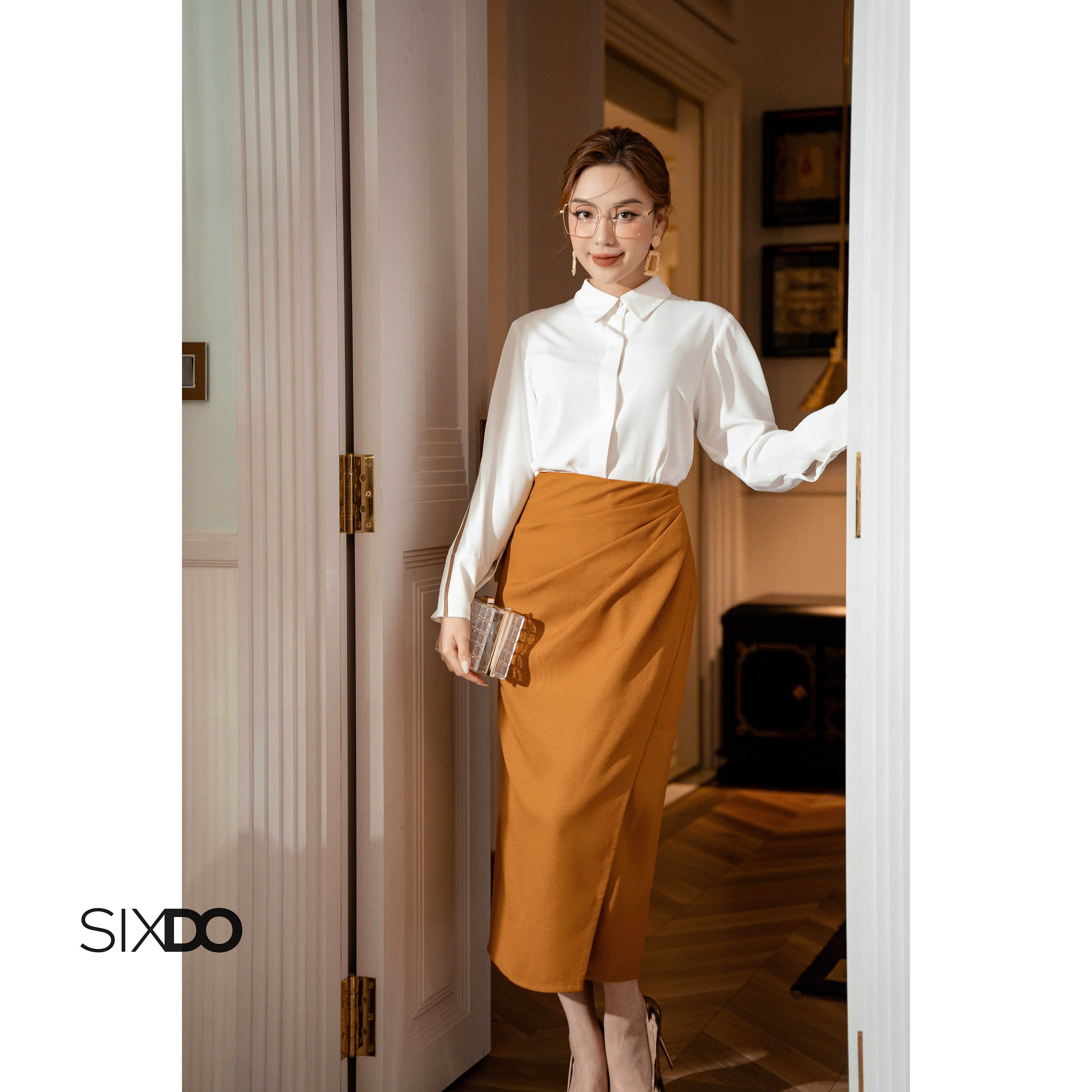 Chân váy thô nhúm eo SIXDO (Caramel Wraparound Midi Raw Skirt)