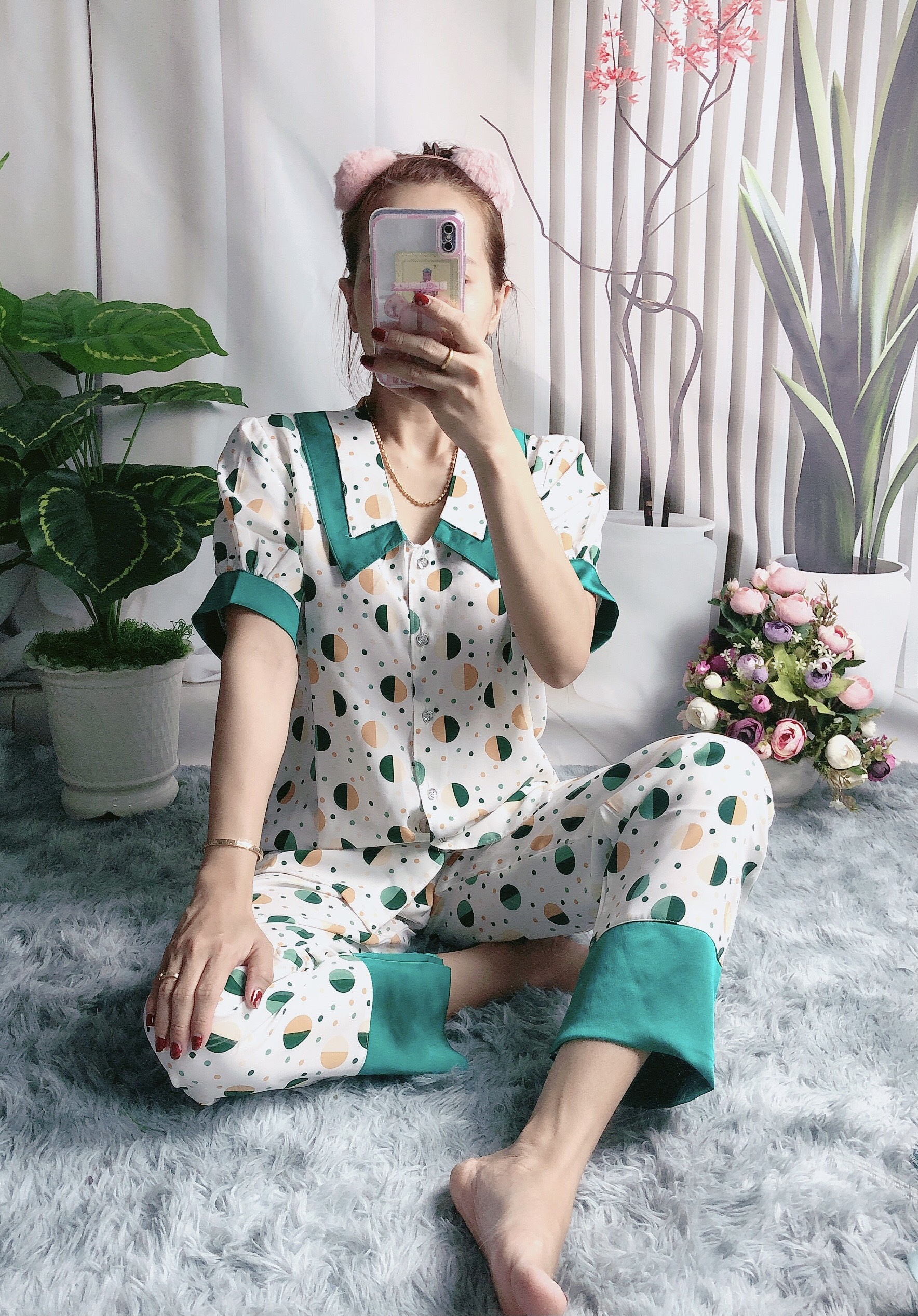 Đồ bộ ngủ Nữ pizama cổ phối vải lụa mango - Hình chụp thật
