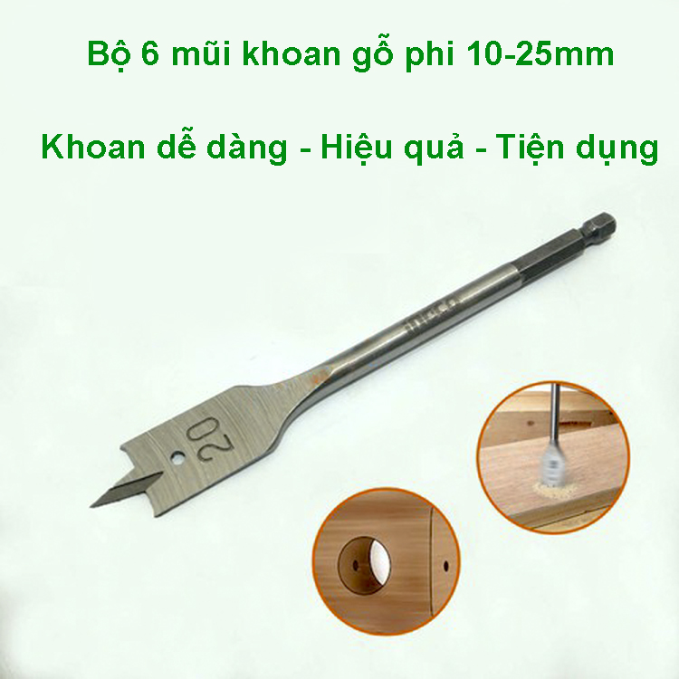 Bộ 6 mũi khoan khoét Gỗ đuôi cá phi từ 10-25mm