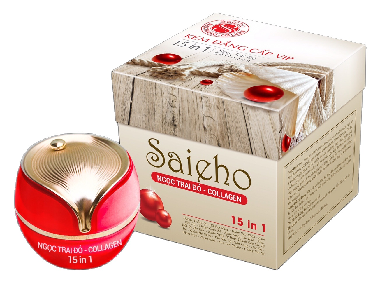 Kem dưỡng trắng da - Chống nắng 15 tác dụng Đẳng Cấp VIP tinh chất Ngọc Trai Đỏ và Collagen SAIEHO (30g)