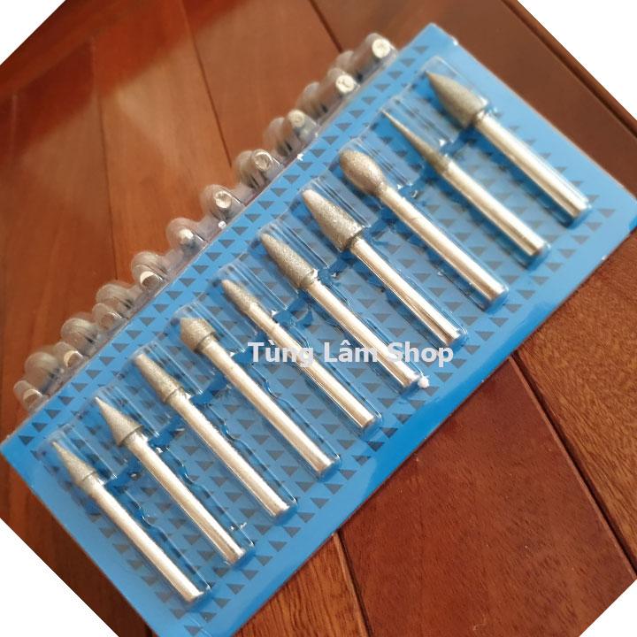 Bộ 10 mũi mài kim cương chân 6mm - mũi mài lũa bonsai dùng cho máy khoan mài khắc máy khoan pin TLDUOI