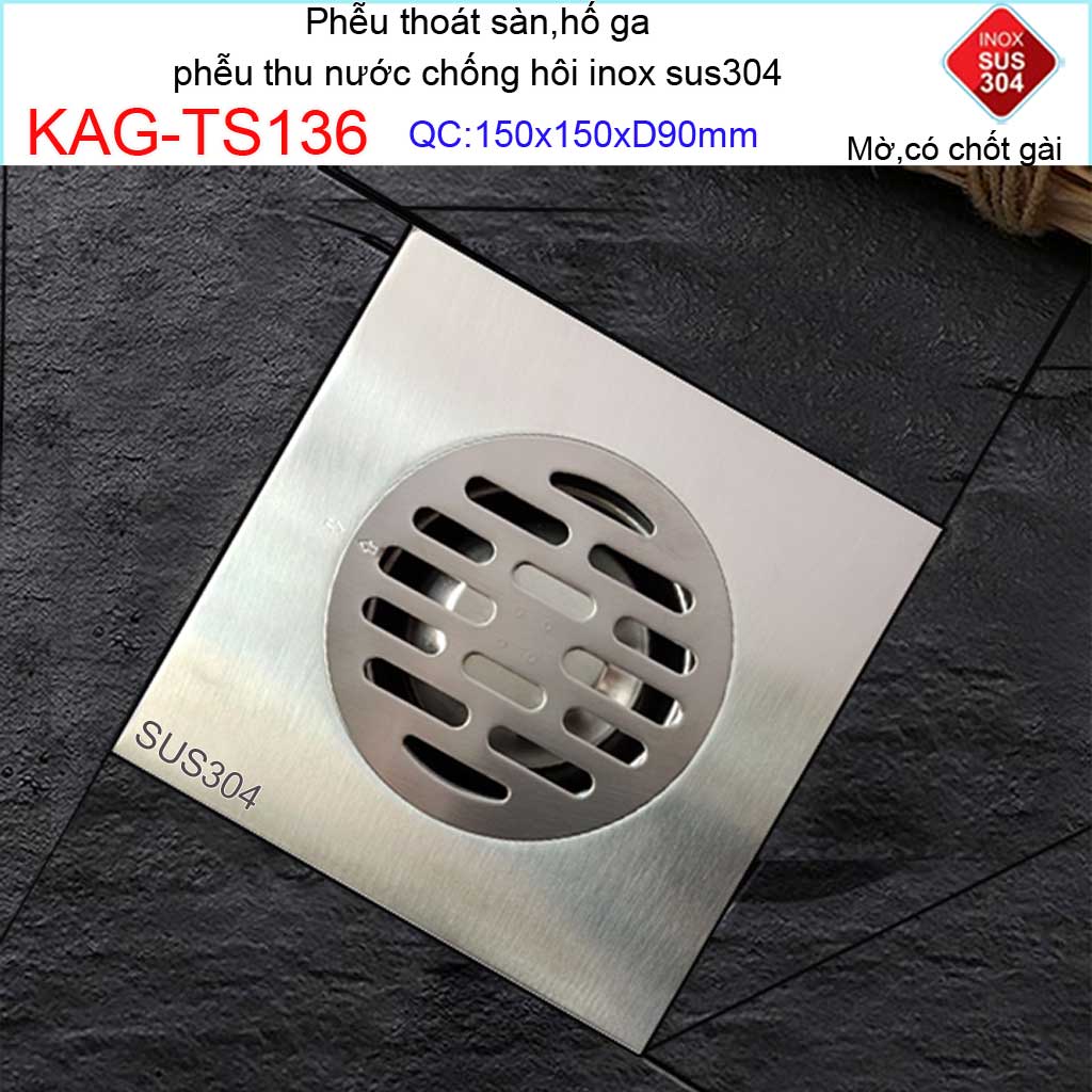 [HCM]Phễu thoát sàn chống mùi hôi có chốt gài Phễu thu nước  inox 304 thoát sàn Inox Kace 15D90 KAG-TS136