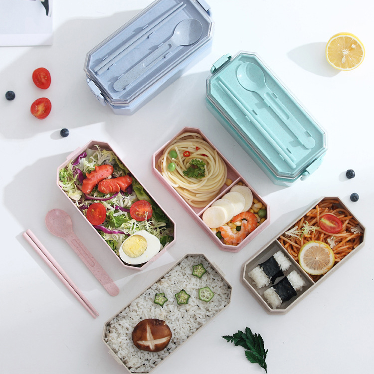 Hộp Đựng Cơm Lúa mạch 2 tầng kèm đũa thìa, Hộp cơm lúa mạch An toàn tiện dụng