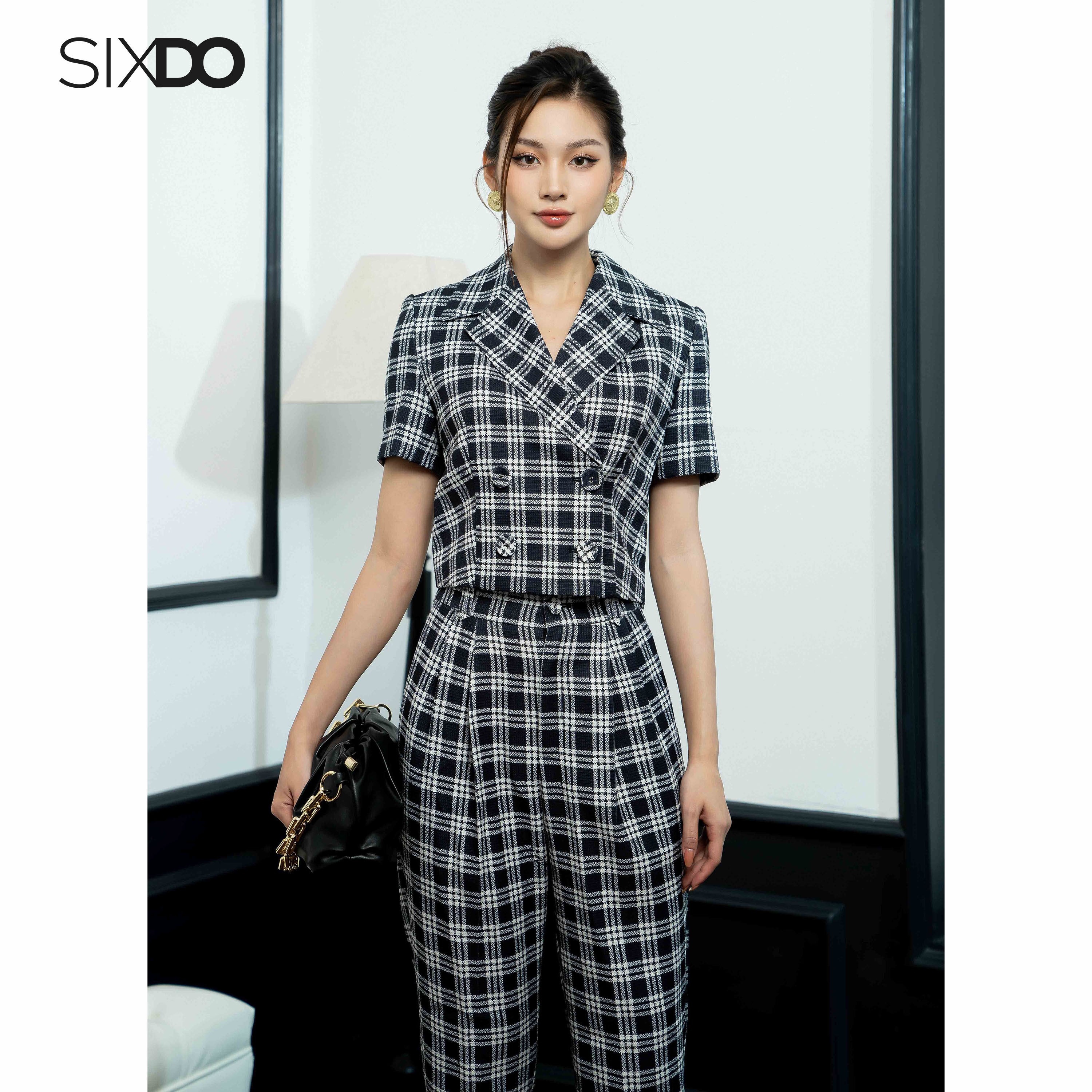 Áo Vest nữ kẻ đen SIXDO (Black Check Cropped Raw Vest)
