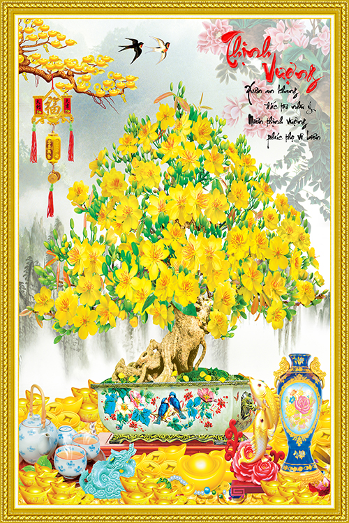 Tranh Tết dán tường VTC Chậu Mai Thịnh Vượng caymai140210cm10122020khung Kim sa