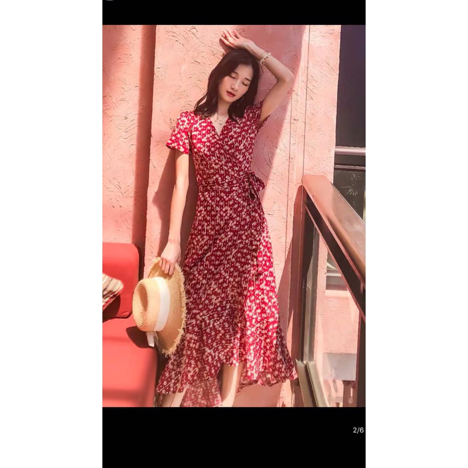 Váy Đỏ Vintage Vạt Chéo