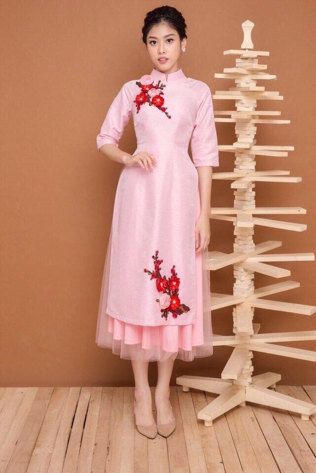 Áo dài cách tân thêu hoa duyên dáng ( nhiều màu )