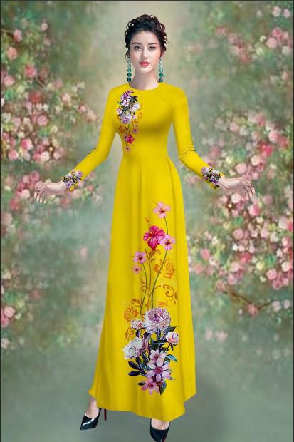 Áo dài truyền thống Mai lan in hoa Cúc Bách Nhật cao cấp - KHÔNG KÈM QUẦN