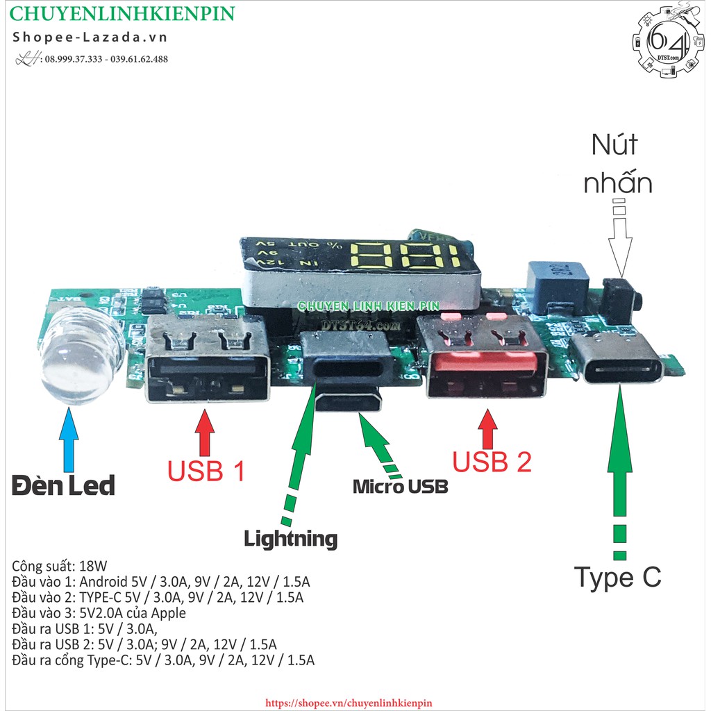 Mạch Sạc dự phòng D.I.Y cho box mica, Type C, Micro USB, Lightning,Sạc nhanh 3.0 ( BL64_236 )