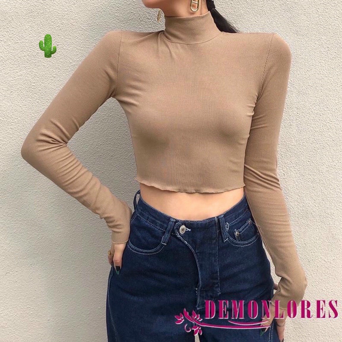 Áo croptop cổ cao, cổ lọ tay dài hot hot