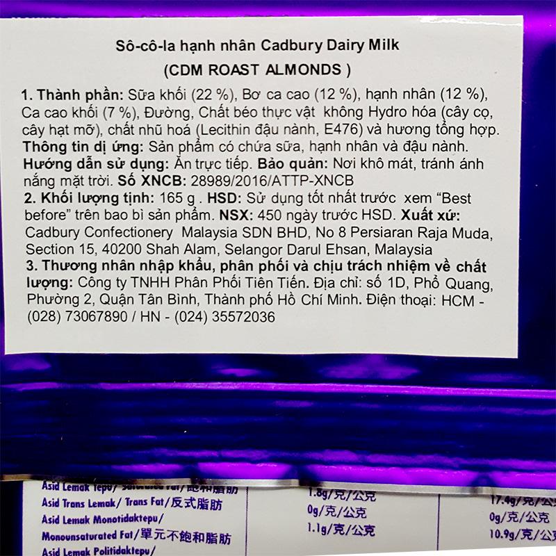 Socola Hạnh Nhân Cadbury Dairy Milk (165g)