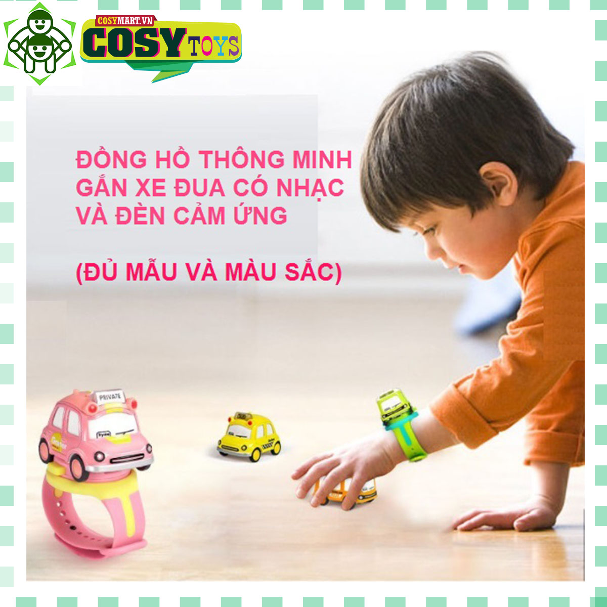Đồ chơi đồng hồ thông minh gắn xe đua có nhạc đủ màu sắc