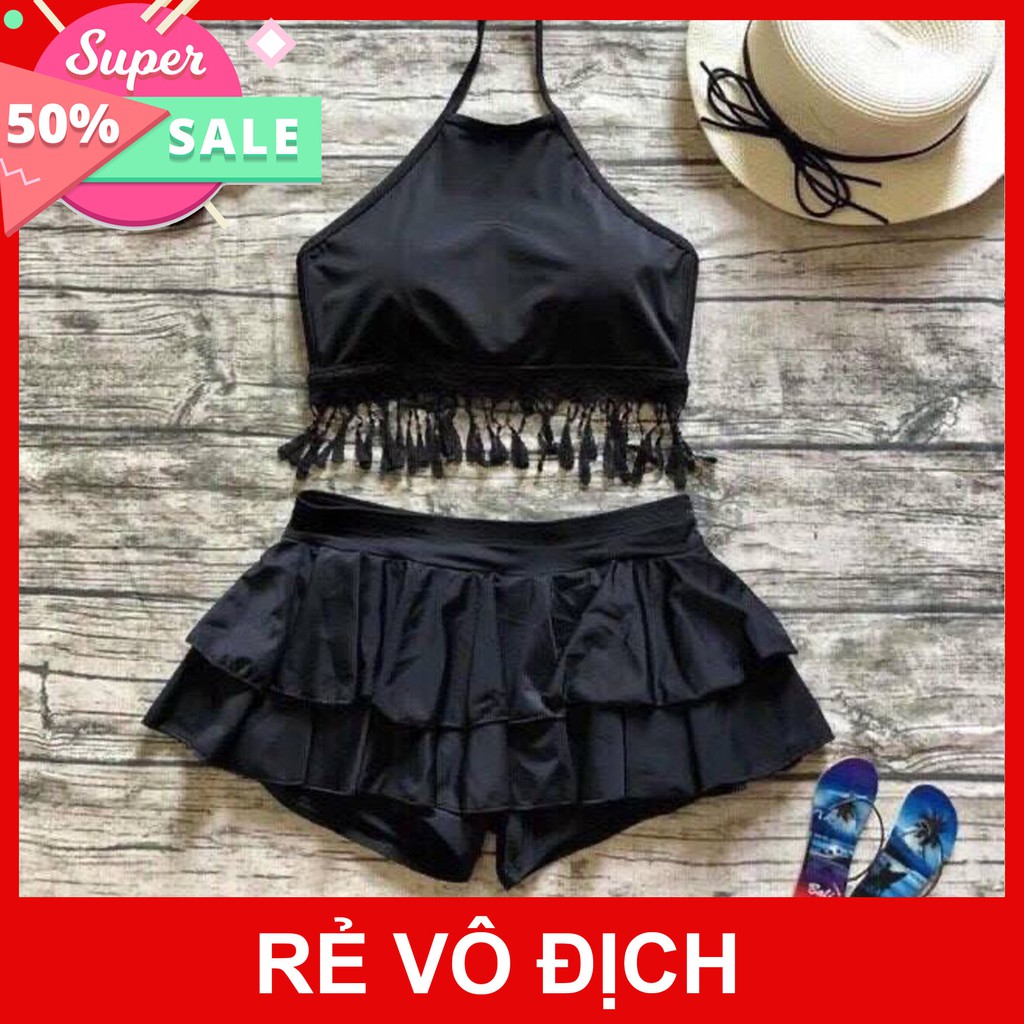 Bikini yếm tua rua + váy short kín đáo