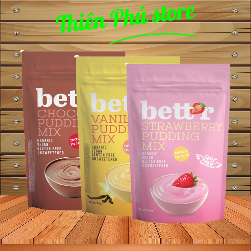 Bột làm pudding hữu cơ trong 1 phút vị dâu, vanilla, chocolate