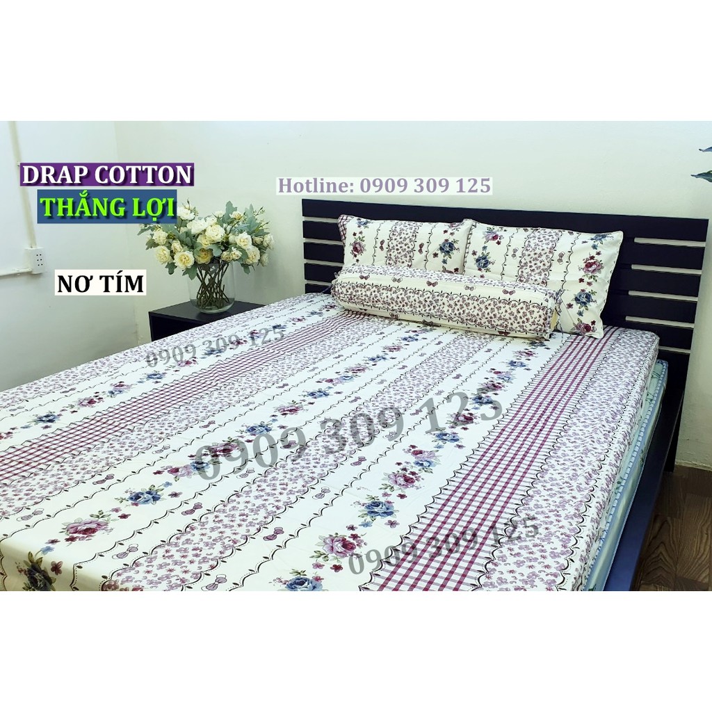 Bộ drap cotton 100%, ga giường cao cấp in logo CTY, nơ tím(ảnh thật)