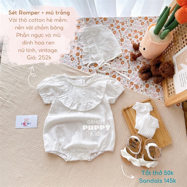 Bộ liền thân dành cho bé gái Set Romper + mũ trắng nền vải chấm bông