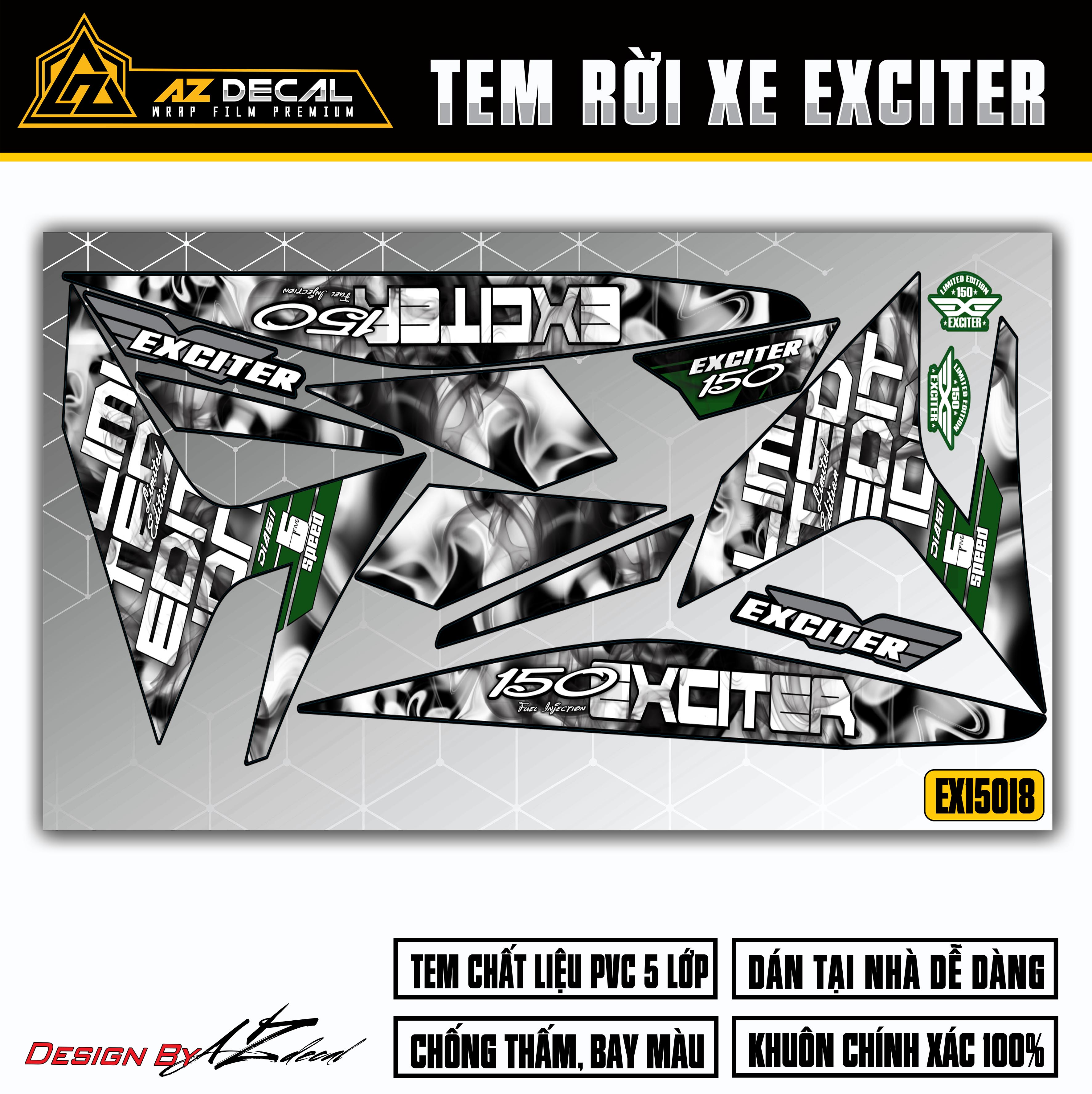 Tem Rời Dán Xe Exciter 150 Mẫu Vân Khói | EX15018 | Decal Chế Dán Exciter Cao Cấp Chống Nước, Chống Bay Màu - Azdecal