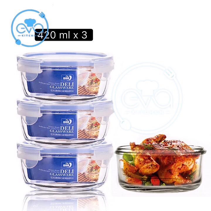 Bộ 3 Hộp Thủy Tinh Tròn Đựng Thực phẩm 420 ML Food Storage Glass Contaier