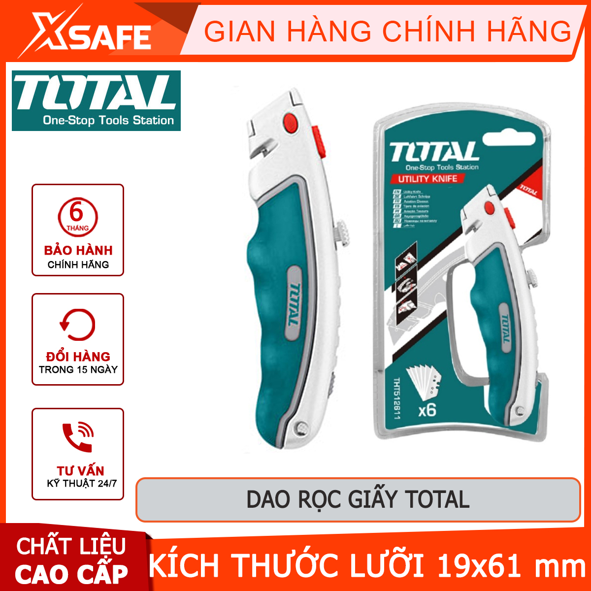Dao rọc giấy total tg5121806 | dao cắt giấy sk5 kích thước lưỡi 18 x 100mm, kèm 6 lưỡi cắt dán giấy, mẫu đẹp, bền