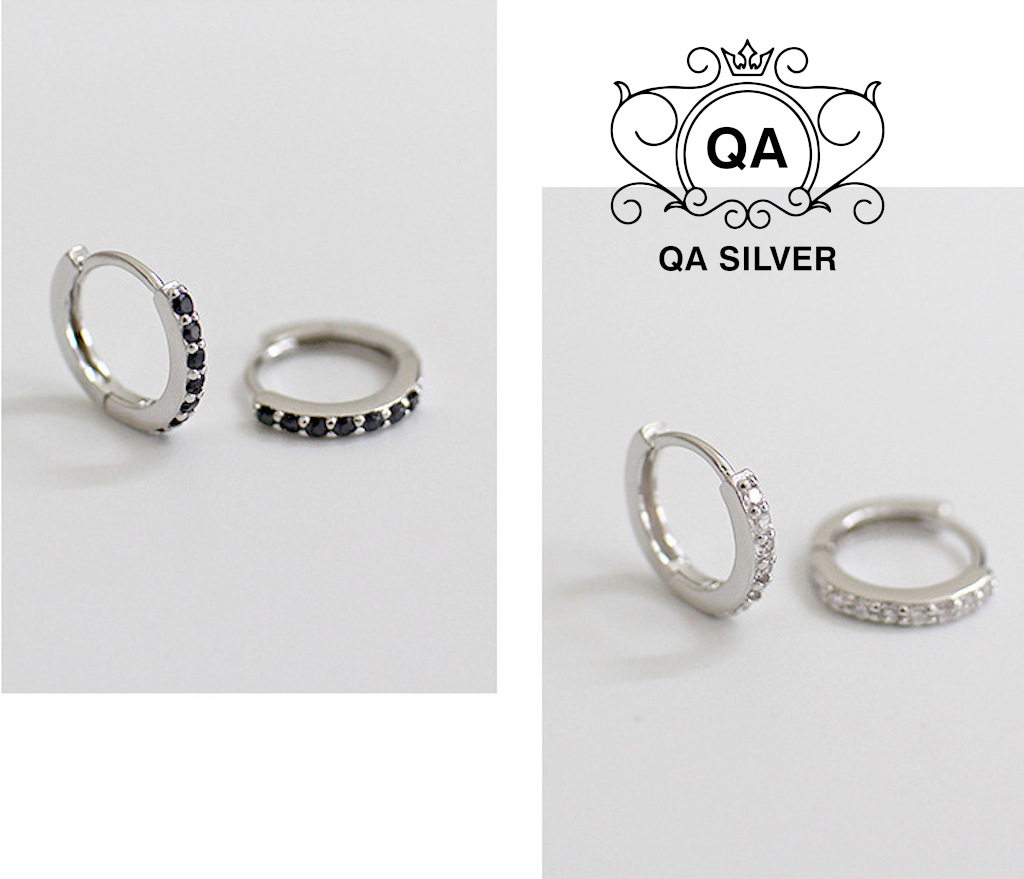 Khuyên tai bạc 925 tròn khảm đá bông tai hoop nam nữ đen trắng S925  HOOP QA Silver Earrings EA191001