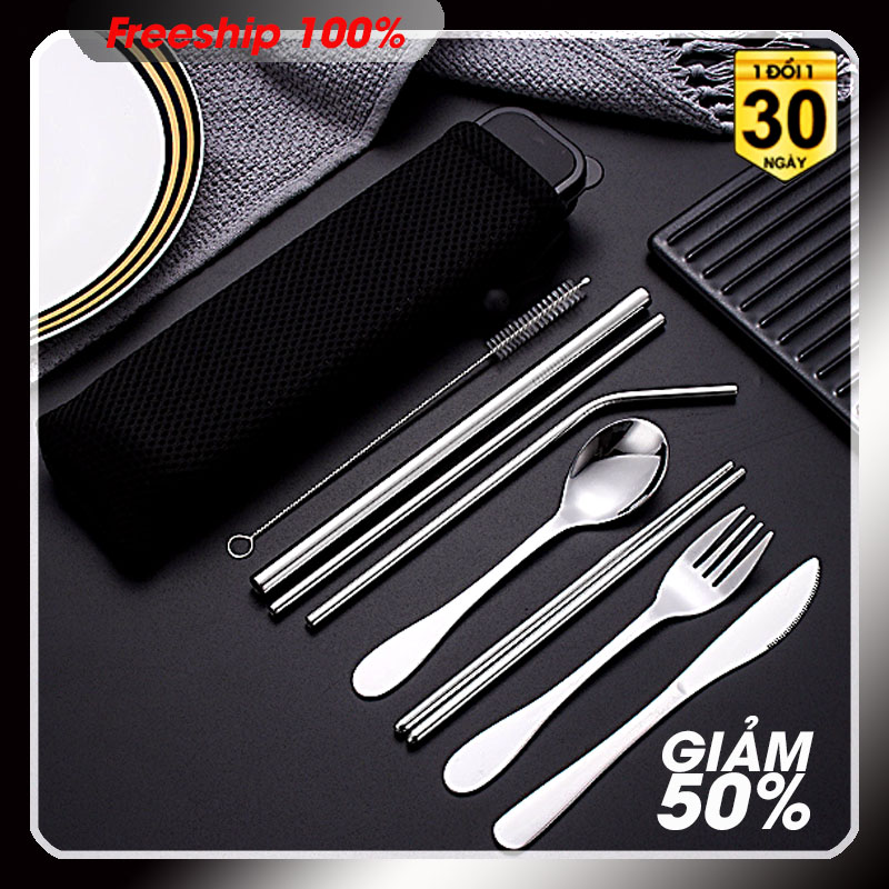 Bộ Muỗng Đũa Cơm Văn Phòng 8 món Inox thép không rỉ Loại 1 Cao Cấp Kèm Hộp Nhựa Sinh Học Lúa Mì Tặng Túi Vải bền rẻ đẹp - kèm video sản phẩm