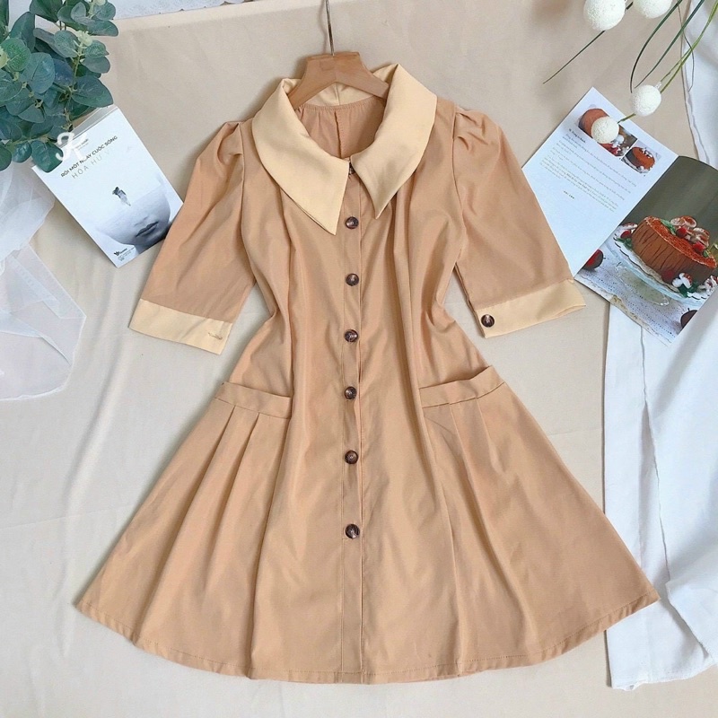 ĐẦM SƠ MI XOÈ PHỐI CỔ ĐÍNH NÚT CR2