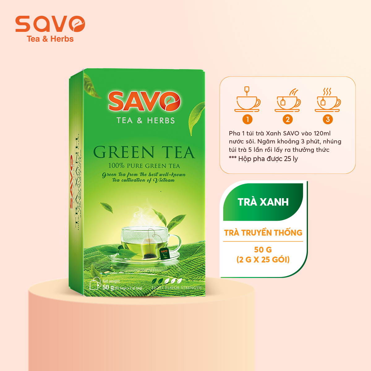 [HCM]Trà Xanh SAVO (Green Tea) - Hộp 25 Gói x 2g