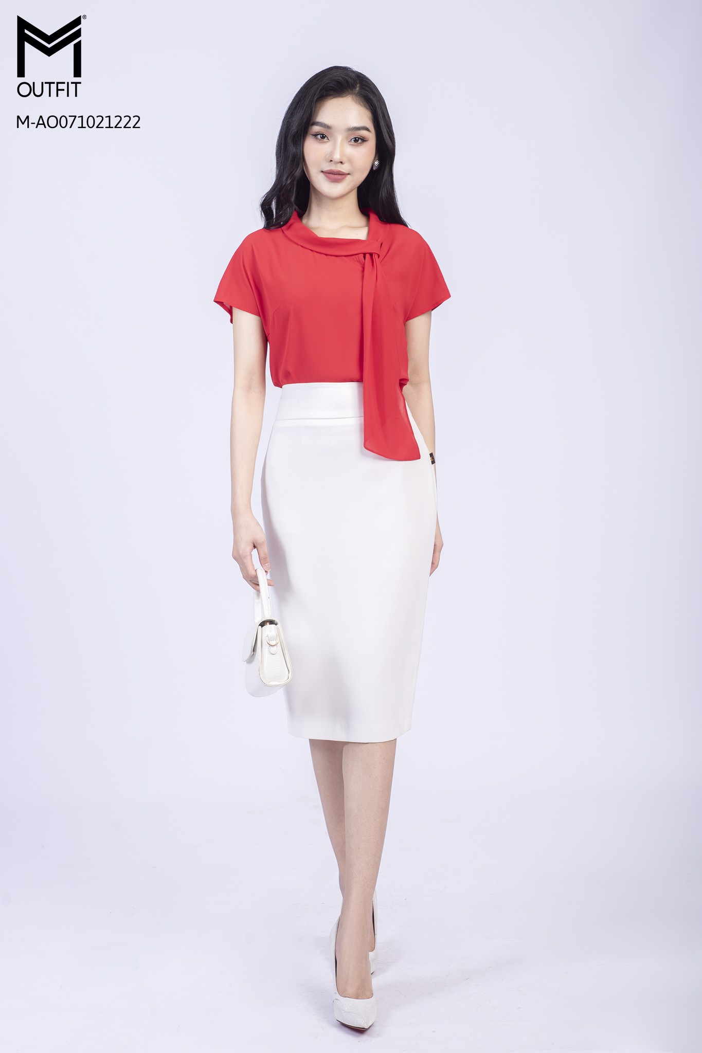 Áo sơ mi tay hến, cổ lệch buộc nơ - Mmoutfit