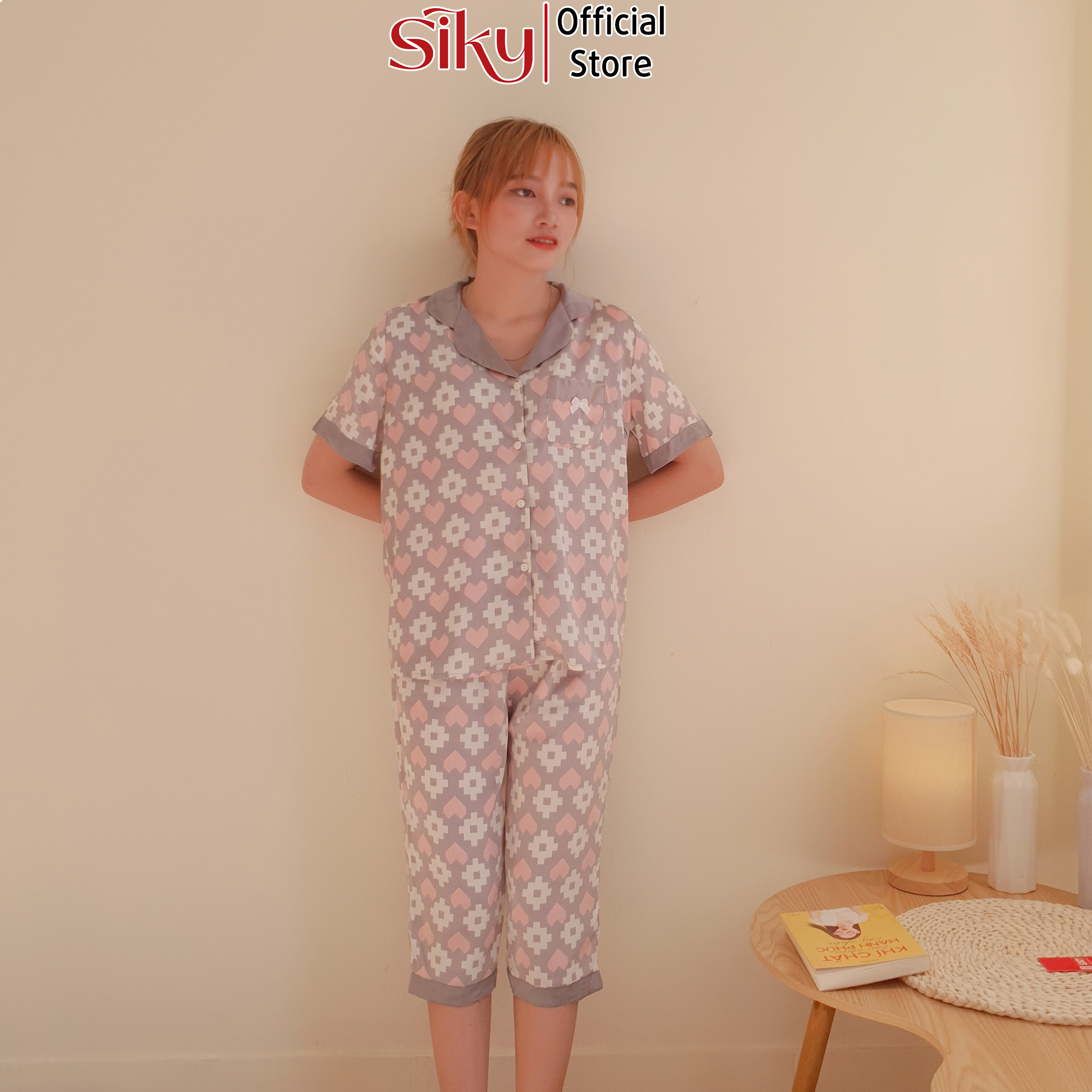 Bộ pijama nữ caro SIKY chất lụa satin - BN09