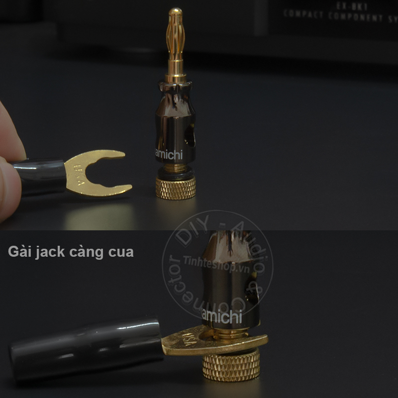 Jack đèn lồng bắp chuối 3 tác dụng 4 chiếc nhân đồng thau mạ vàng 24K - Cọc đấu nối thêm loa treble