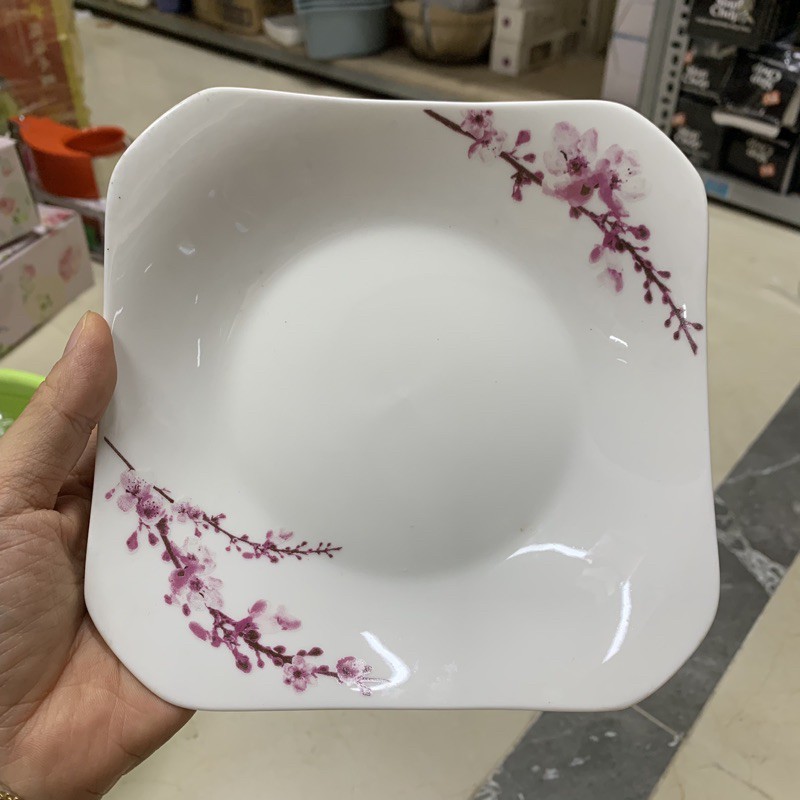 Đĩa sứ vuông sâu hoa đào 16,5cm