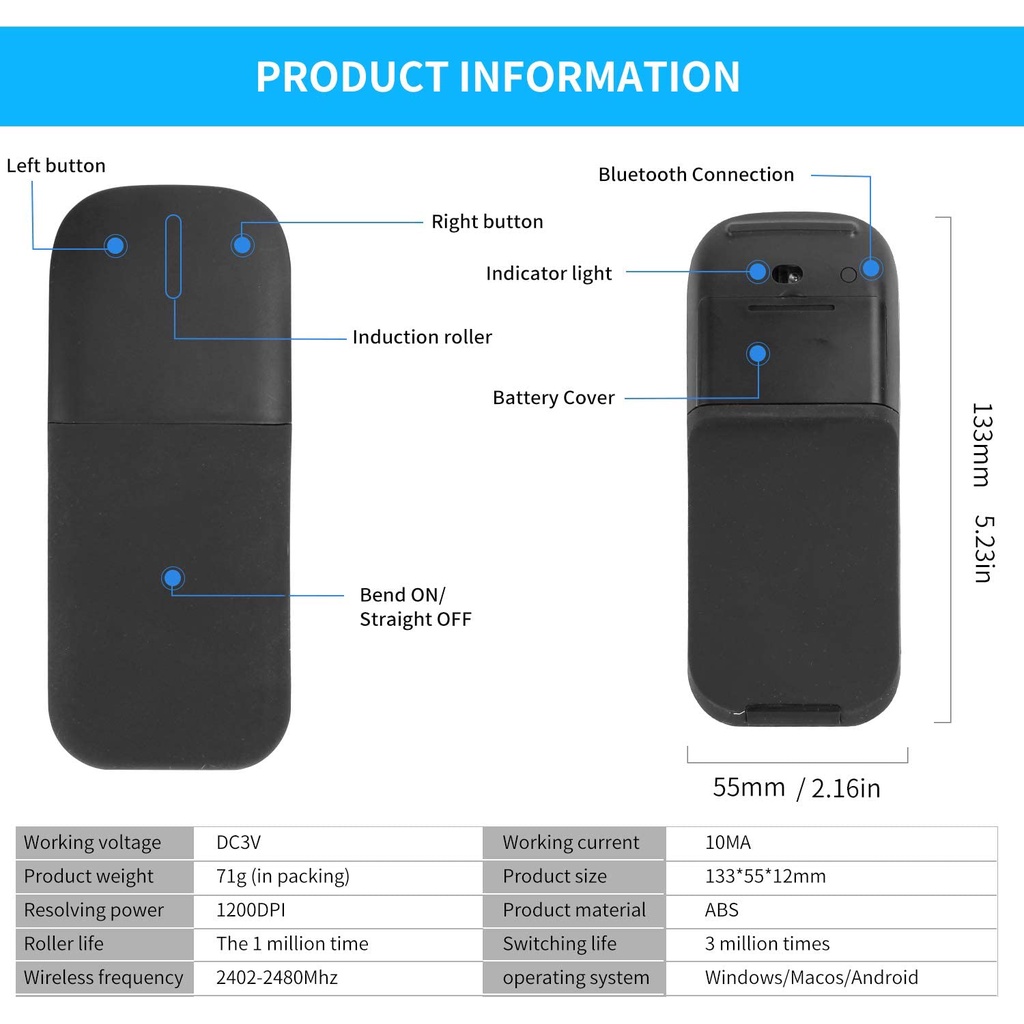 Wireless Foldable Arc Mouse for surface pro Folding Bluetooth Touch Mice