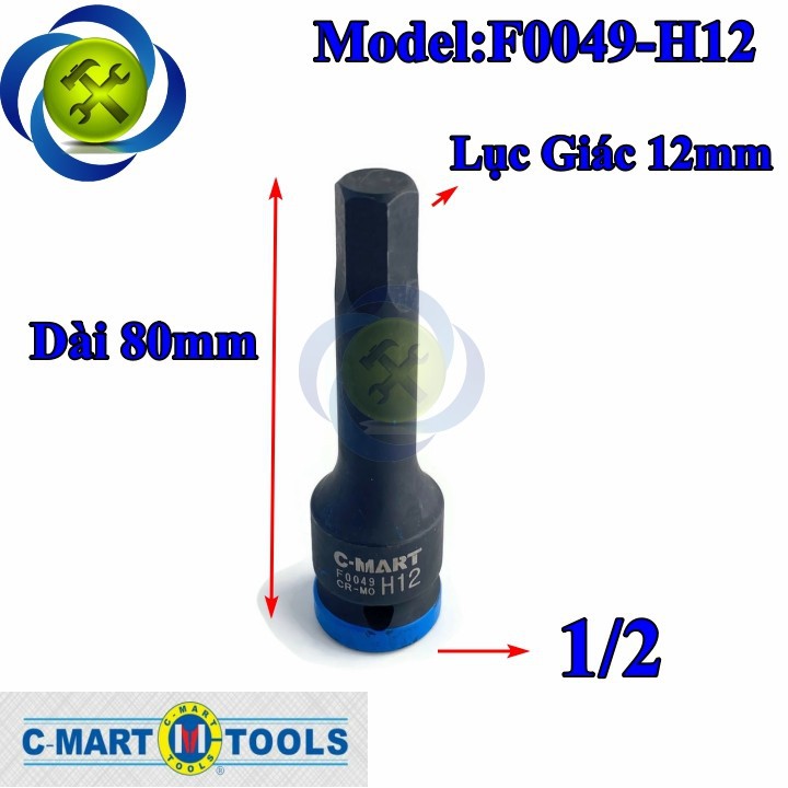 Đầu tuýp đen lục giác 12mm c-mart f0049-h12 loại 1/2 inch