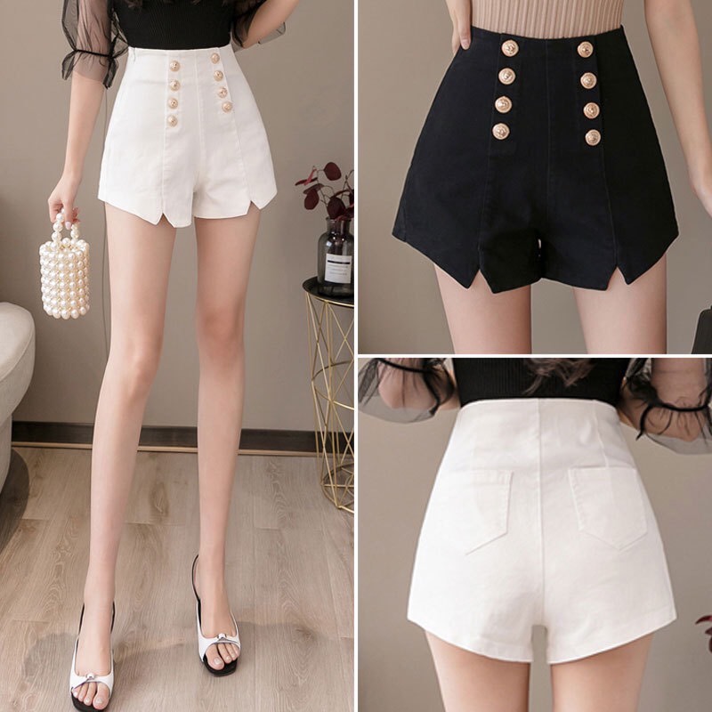 Quần short kaki nữ 2 màu trắng đen đính 8 nút cực chất LL