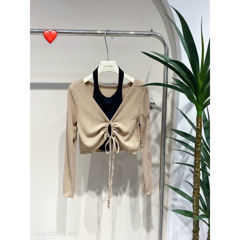 Set áo yếm kèm áo khoác cardigan rút dây tròn ttslt0012