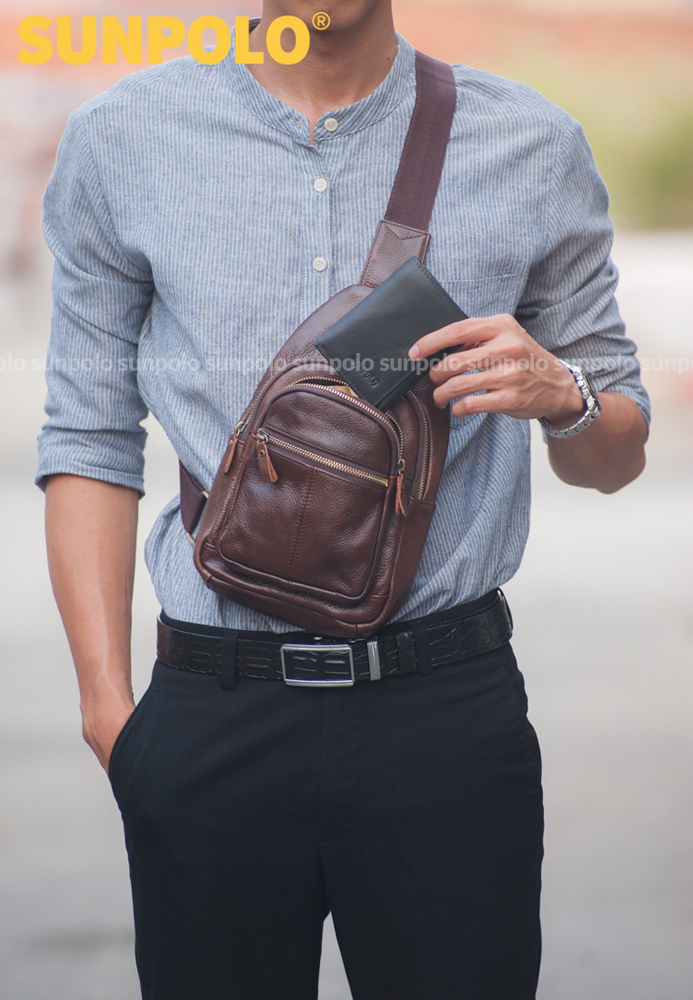 Balo, túi đeo chéo da bò cao cấp nhỏ gọn SUNPOLO STU101 (Nâu)
