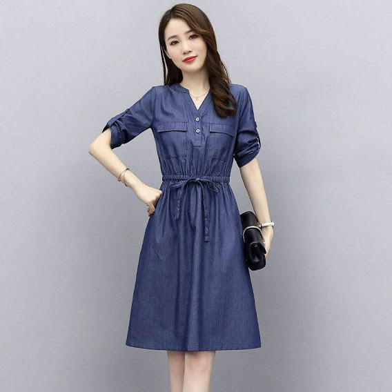 [HCM]ĐẦM JEAN XOÈ EO RÚT CỔ V