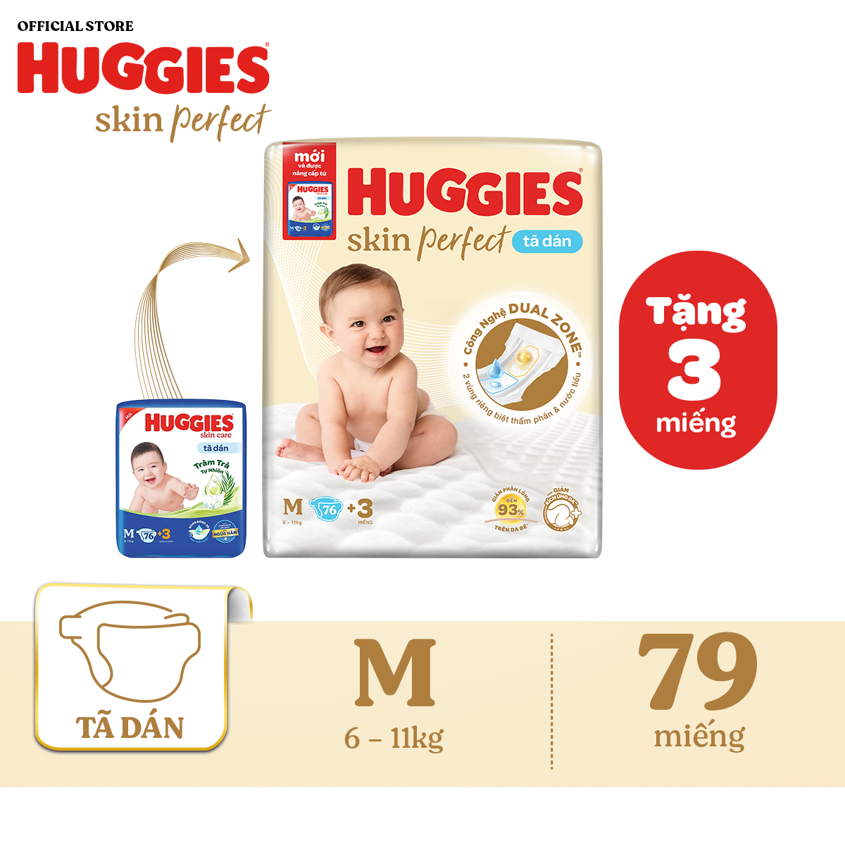[Tặng thêm 3 miếng tã] Tã dán Huggies Skin Perfect Super Jumbo M76 miếng