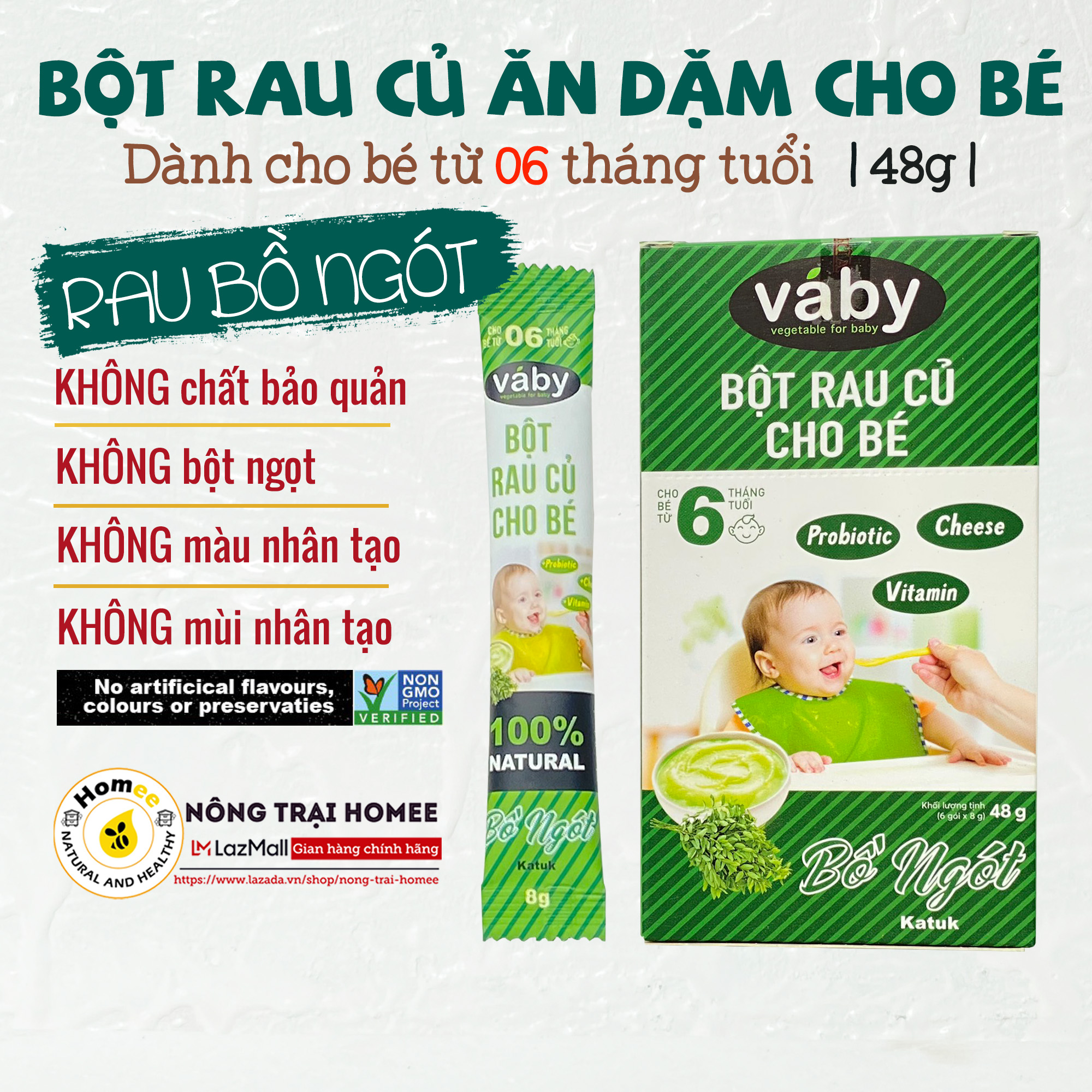 Bột nêm Rau Bồ Ngót & Phô Mai dành cho bé ăn dặm VABY Hộp 48g