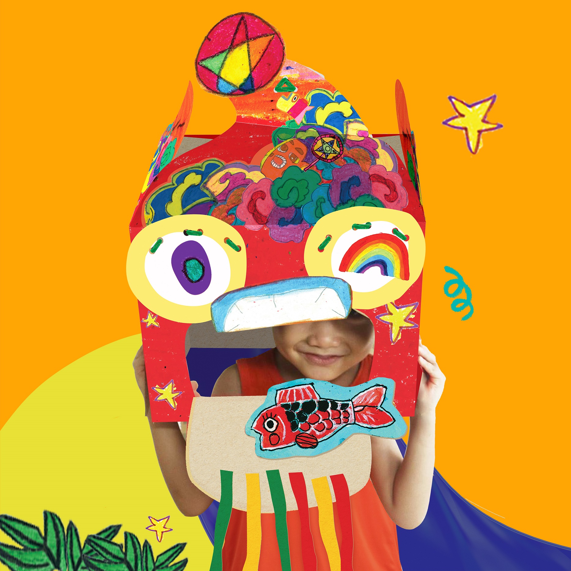 Đầu lân cho bé tự cắt dán (tặng kèm sticker trung thu) [Made by Tòhe] [Fsale]