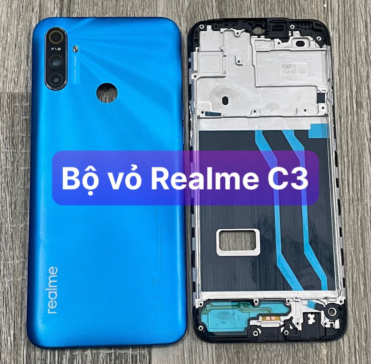 bộ xương vỏ Realme C3 ,kèm khay sim,phím,kính camera