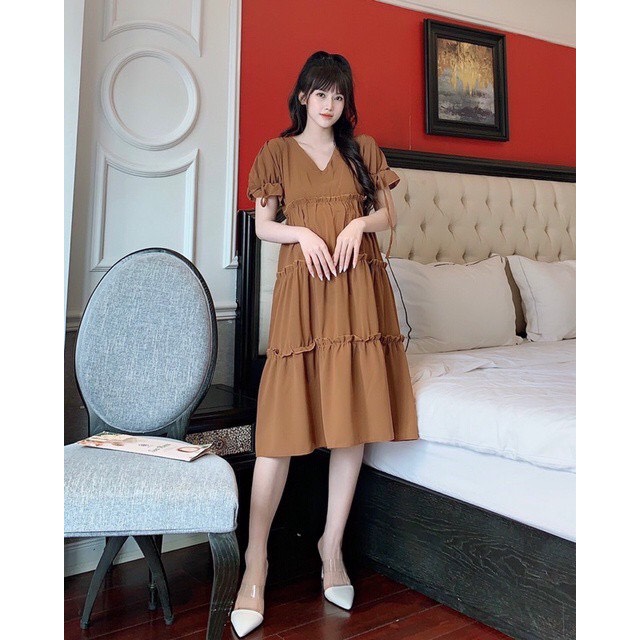 Đầm bầu thiết kế công sở dáng xòe tay nơ