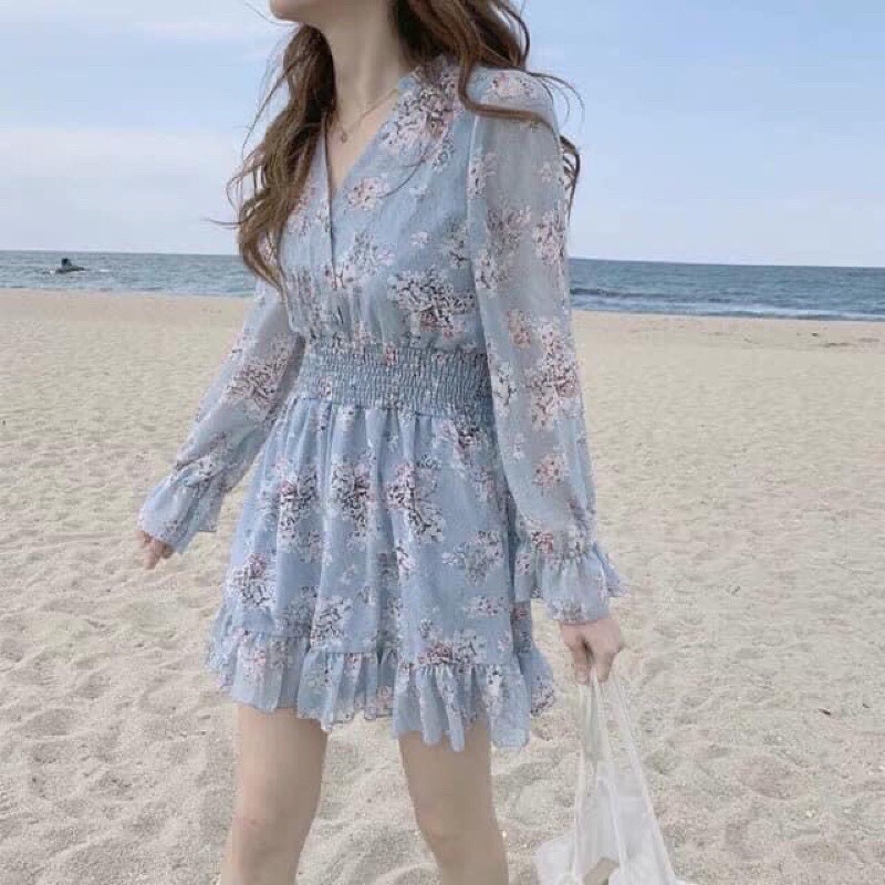 Váy hoa nhí Vintage đuôi cá dài tay có chun eo