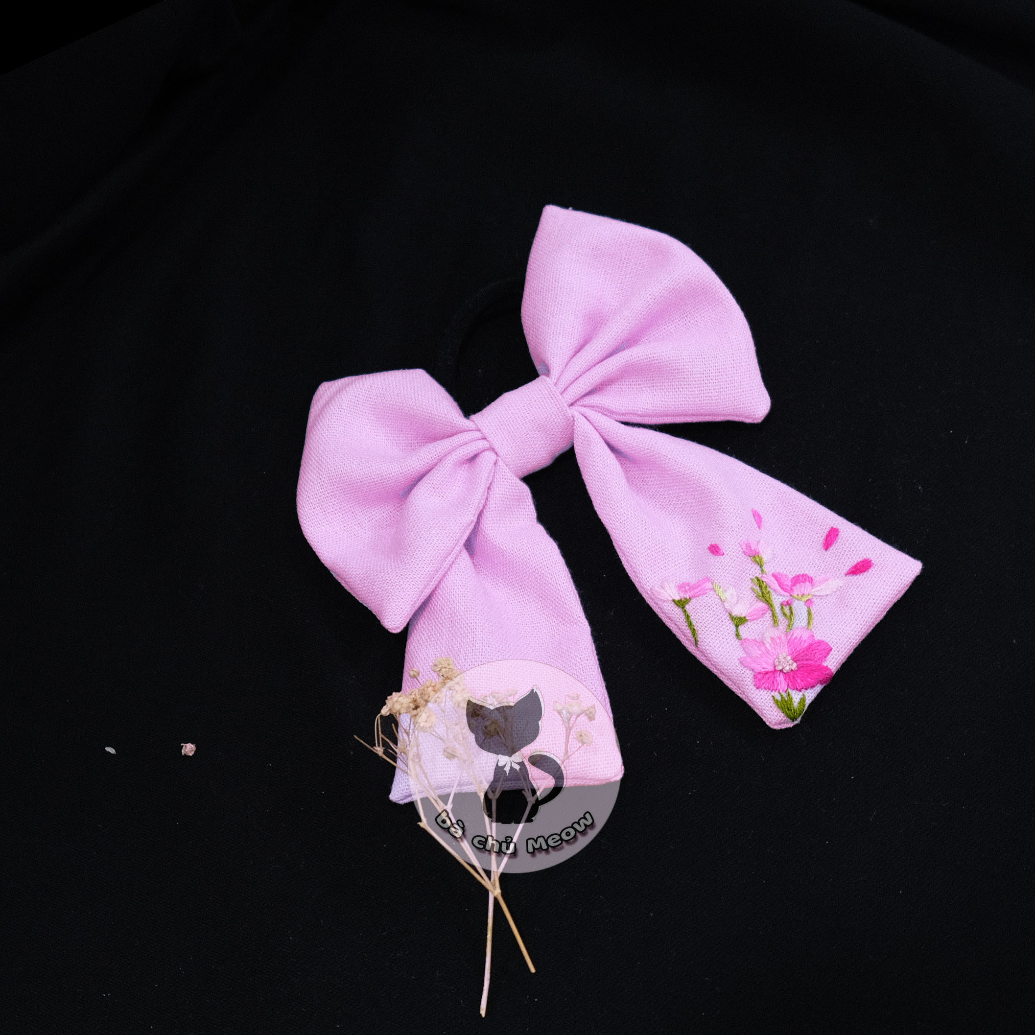 Đồ Cột Tóc Tím Cà - Dây Cột Tóc Thêu Tay - Scrunchies Thắt Nơ