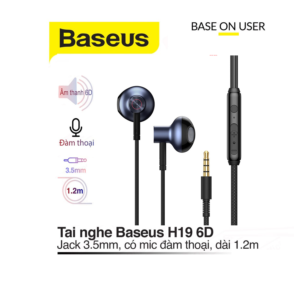Tai nghe nhét tai Baseus H19 jack 3.5mm tích hợp Mic đàm thoại dây nhựa chắc chắn dài 1.2M