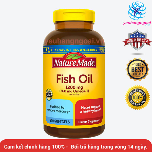 Dầu cá Fish Oil 1200mg 360mg Omega 3 Nature Made 200 viên của Mỹ ĐẢM BẢO