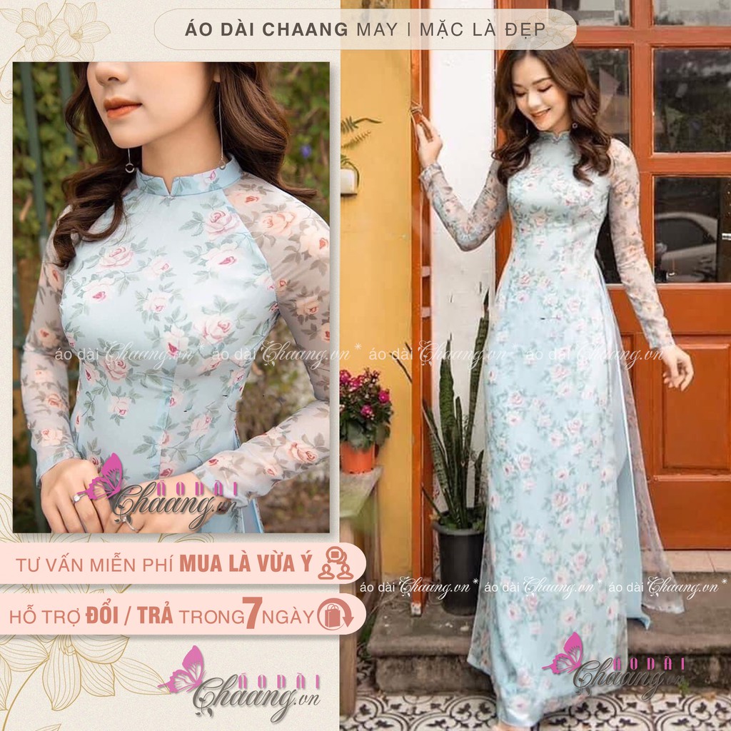 Áo dài hoa nhí - Chaang May sẵn vải áo dài truyền thống 4 tà, vải lụa kết hợp to hoa nhí xanh đẹp